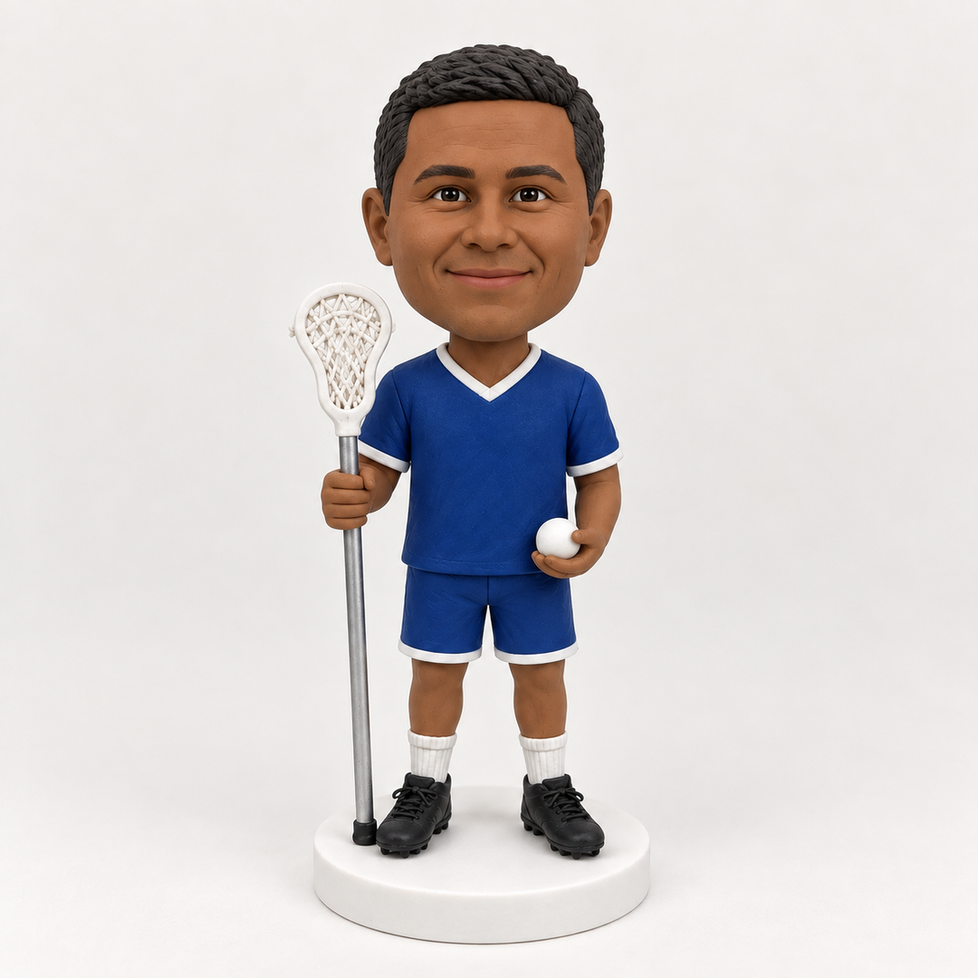 Custom lacrosse player figurine in blue uniform