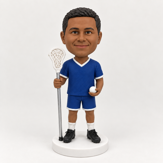 Custom lacrosse player figurine in blue uniform