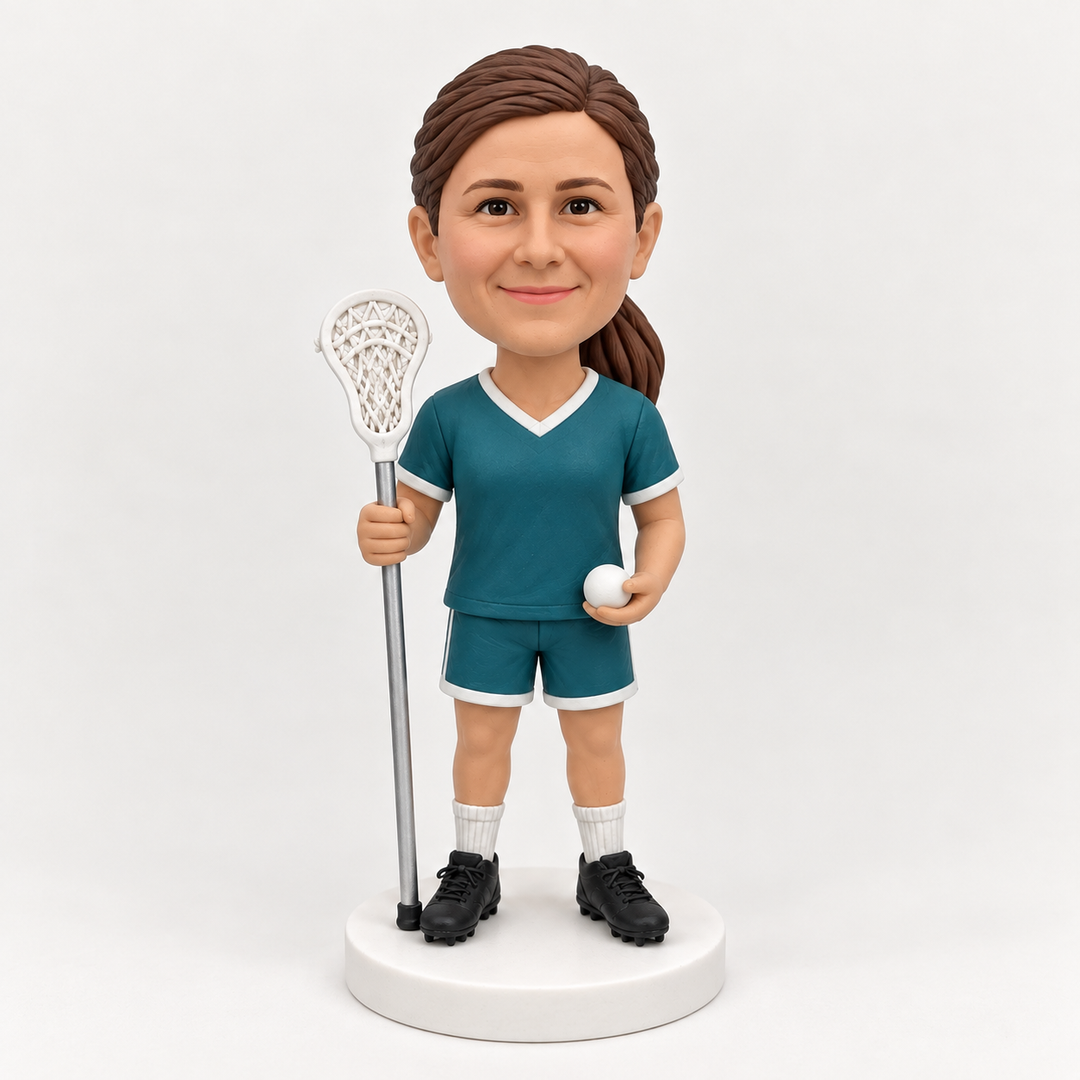Custom female lacrosse player figurine in teal uniform