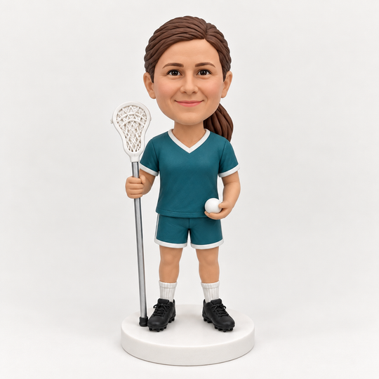 Custom female lacrosse player figurine in teal uniform