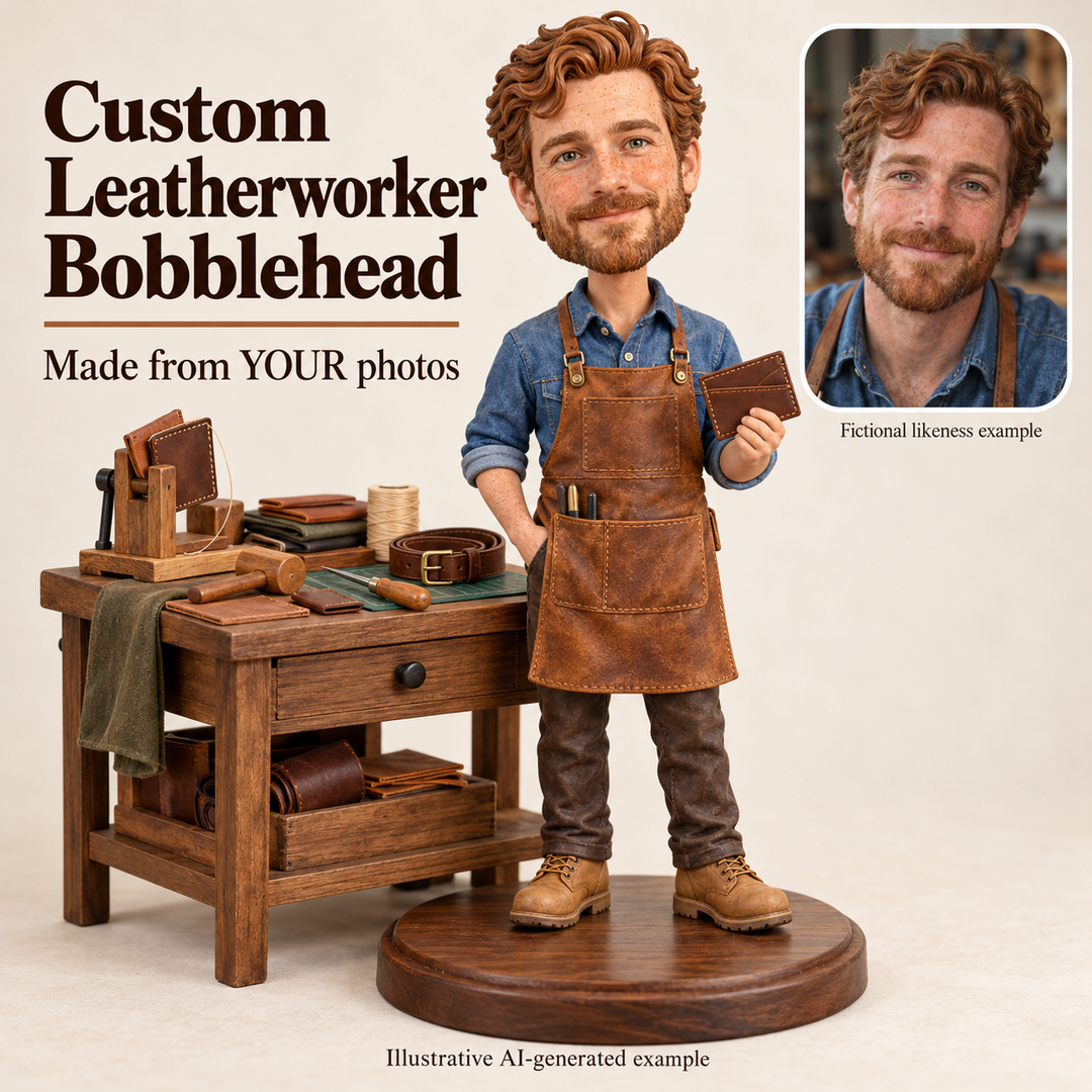 Custom leatherworker bobblehead with fictional portrait likeness example and included leathercraft workbench