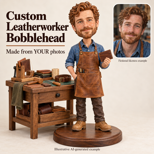 Custom leatherworker bobblehead with fictional portrait likeness example and included leathercraft workbench