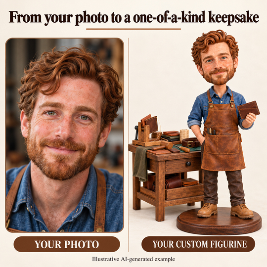 Your photo to custom leatherworker figurine comparison, illustrative AI-generated example