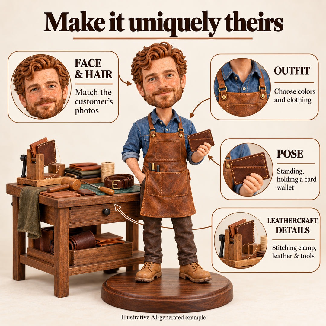 Leatherworker bobblehead face, outfit, pose and leathercraft detail customization options