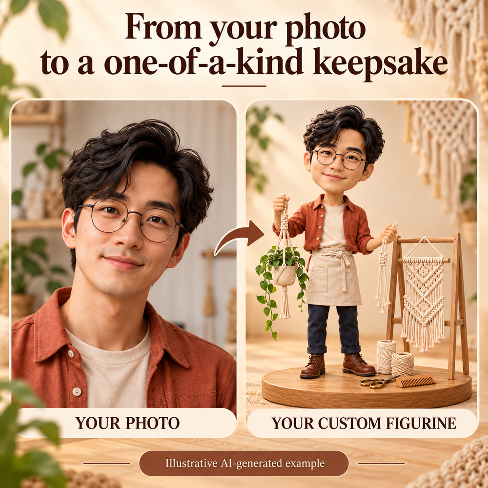 Fictional AI-generated example comparing a portrait concept with a custom macrame artist bobblehead