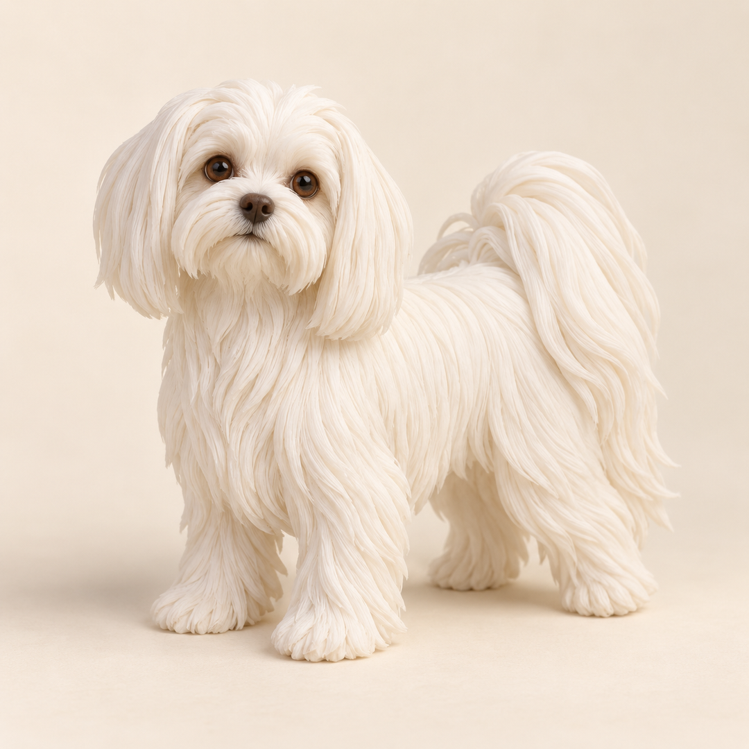 Illustrative front view of a custom Maltese polymer clay figurine.