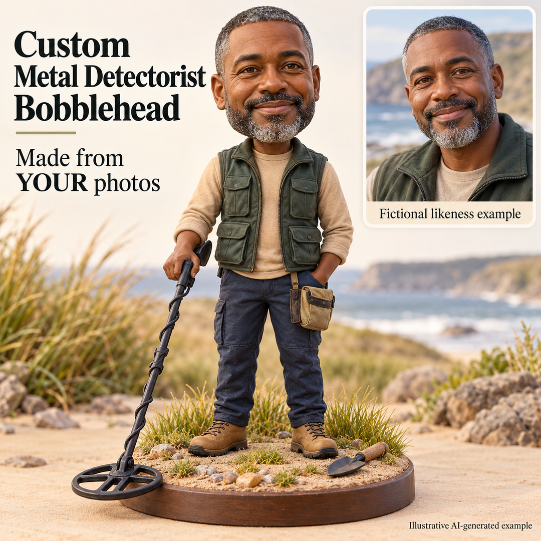 Custom metal detectorist bobblehead with fictional portrait likeness and included full-length detector