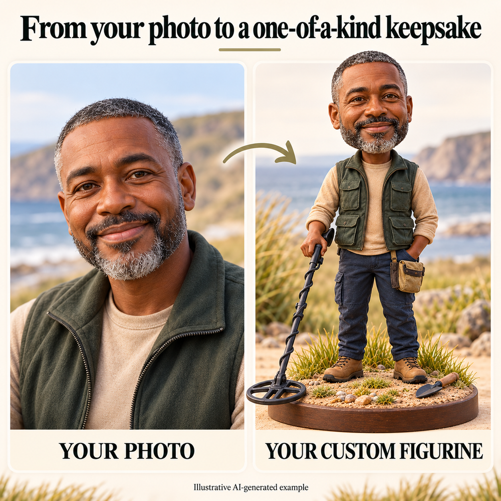 Your photo to custom metal detectorist figurine comparison, illustrative AI-generated example