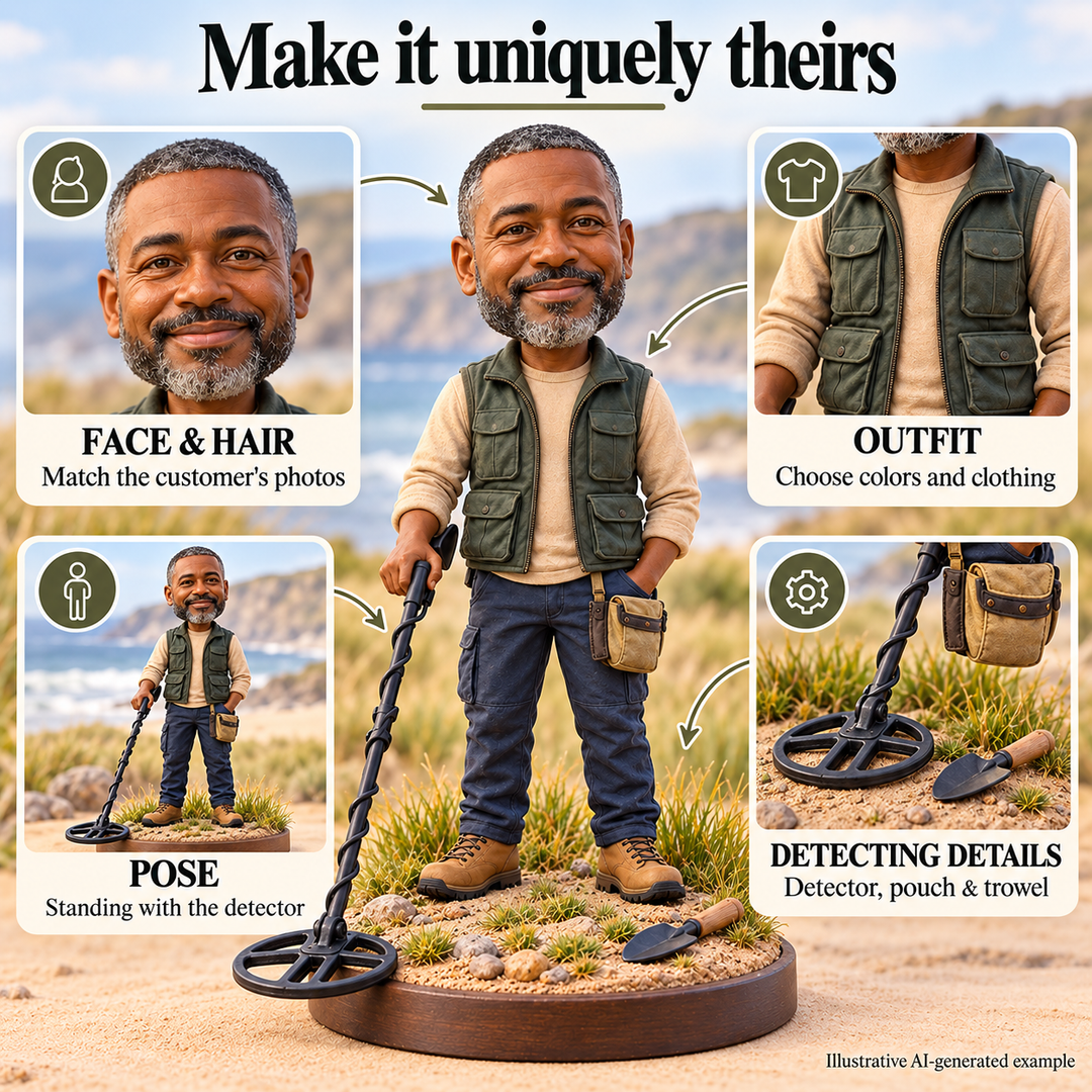 Metal detectorist bobblehead face, outfit, pose and detecting detail customization options