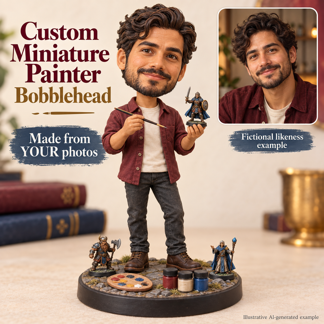 Custom miniature painter bobblehead with fictional portrait likeness and included tiny painting accessories