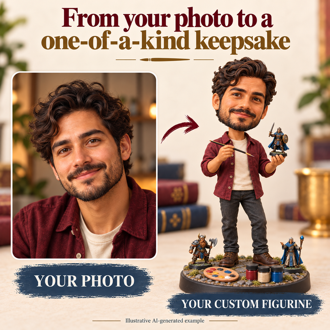 Your photo to custom miniature painter figurine comparison, illustrative AI-generated example