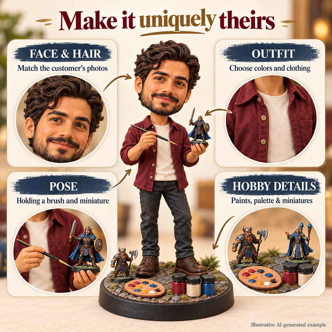 Miniature painter bobblehead face, outfit, pose and hobby detail customization options