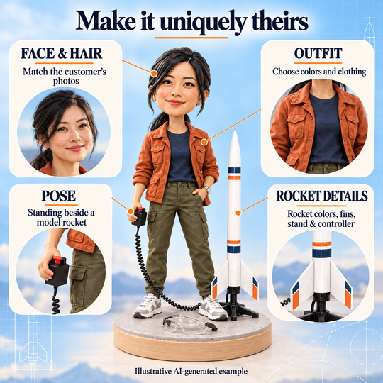 Custom Model Rocket Enthusiast bobblehead face, outfit, pose and rocket options, illustrative AI-generated example