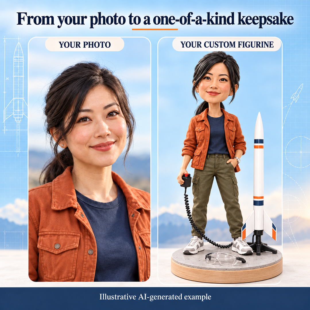 Your photo to custom Model Rocket Enthusiast figurine comparison, illustrative AI-generated example