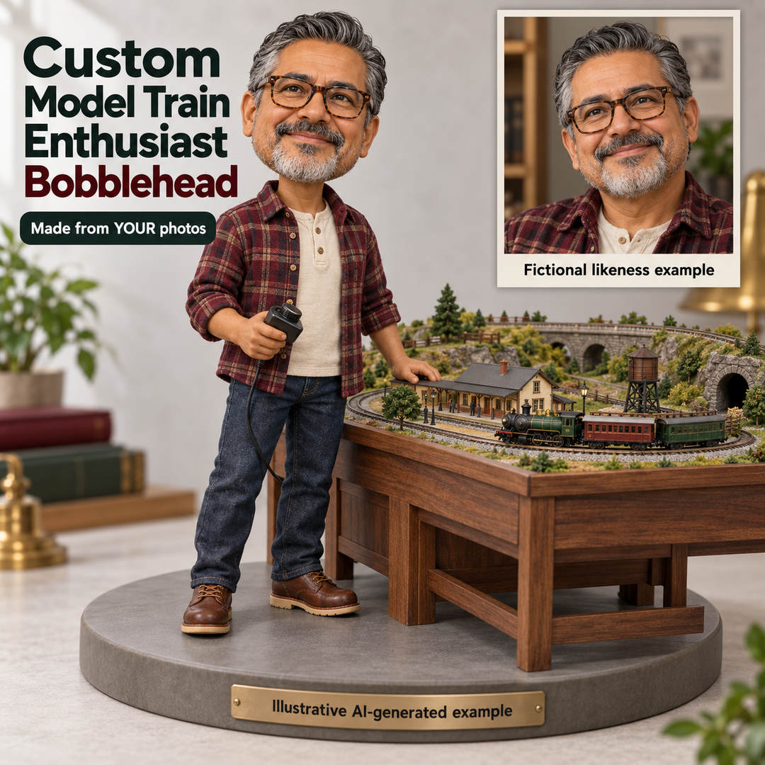 Custom model train enthusiast bobblehead with fictional portrait showing photo likeness