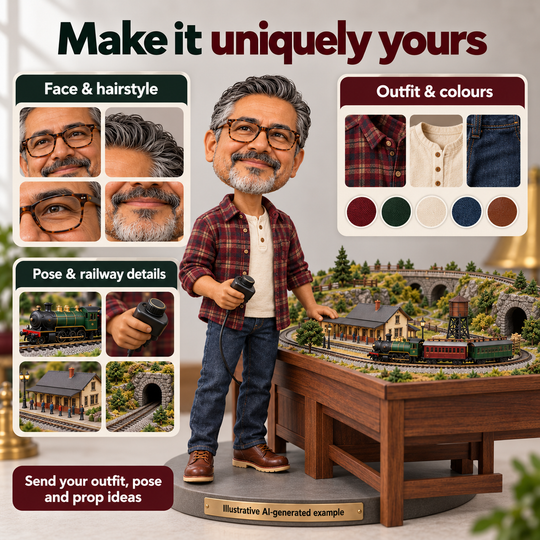 Model train enthusiast bobblehead face outfit pose and railway customization options