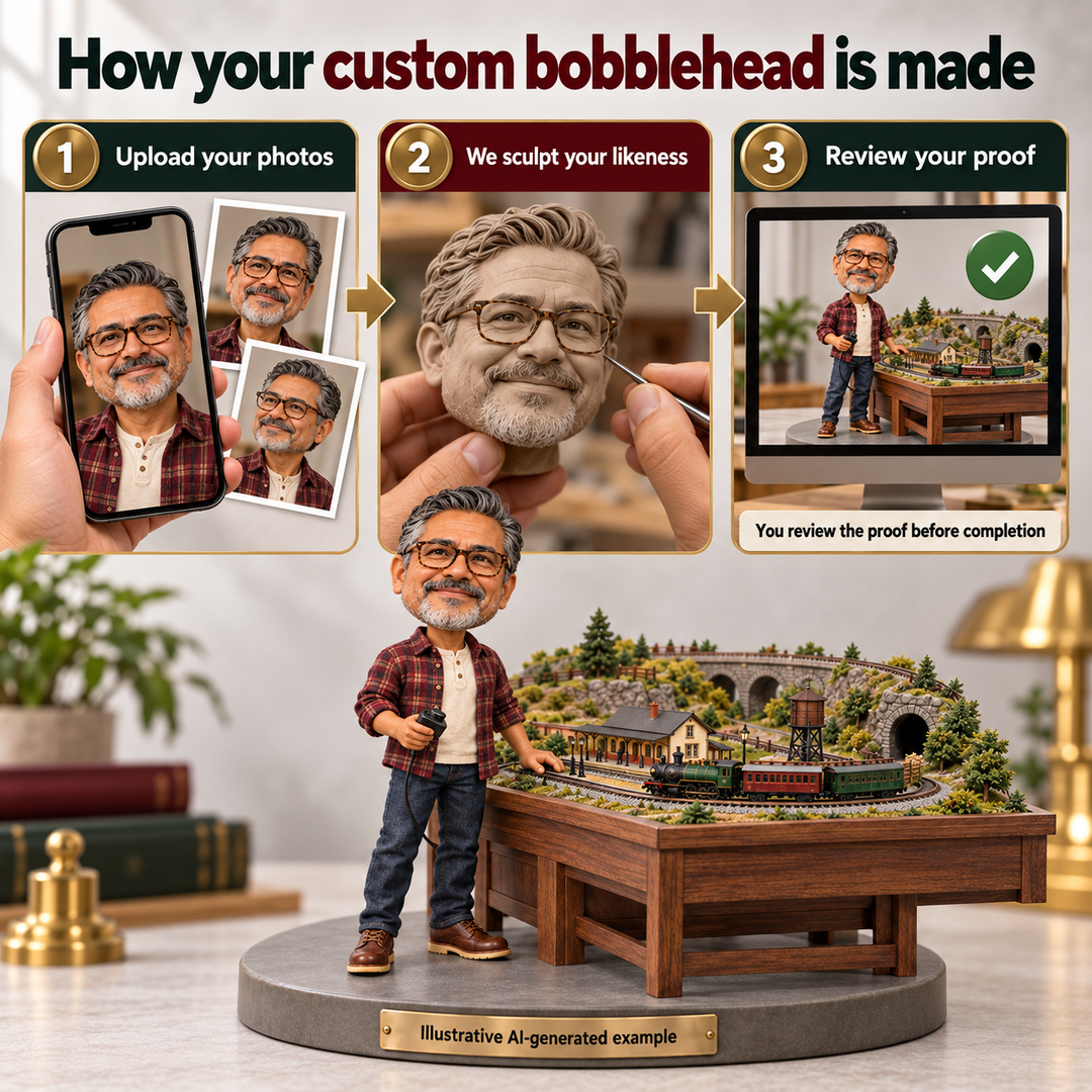 Upload photos sculpt likeness and review proof process for custom model train bobblehead