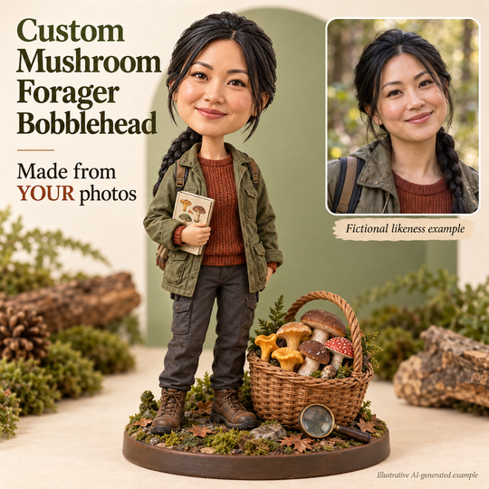 Custom mushroom forager bobblehead with fictional portrait likeness and included woven basket