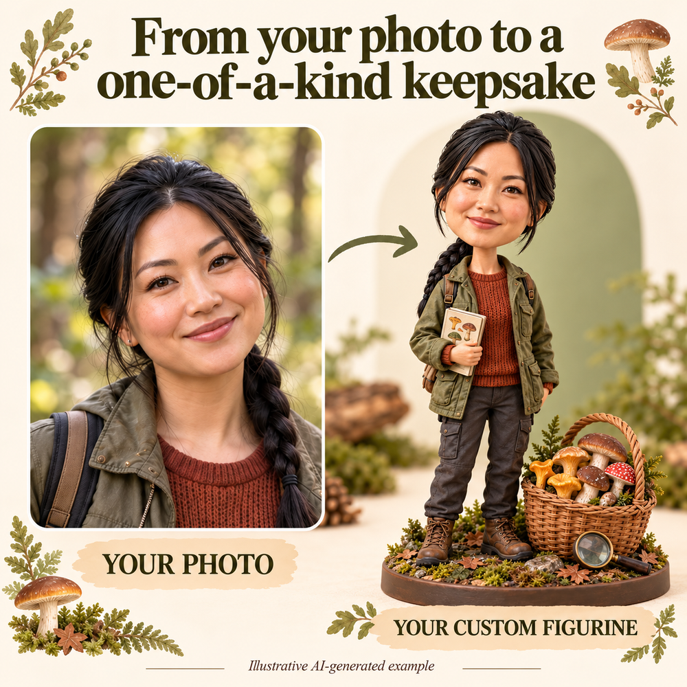 Your photo to custom mushroom forager figurine comparison, illustrative AI-generated example