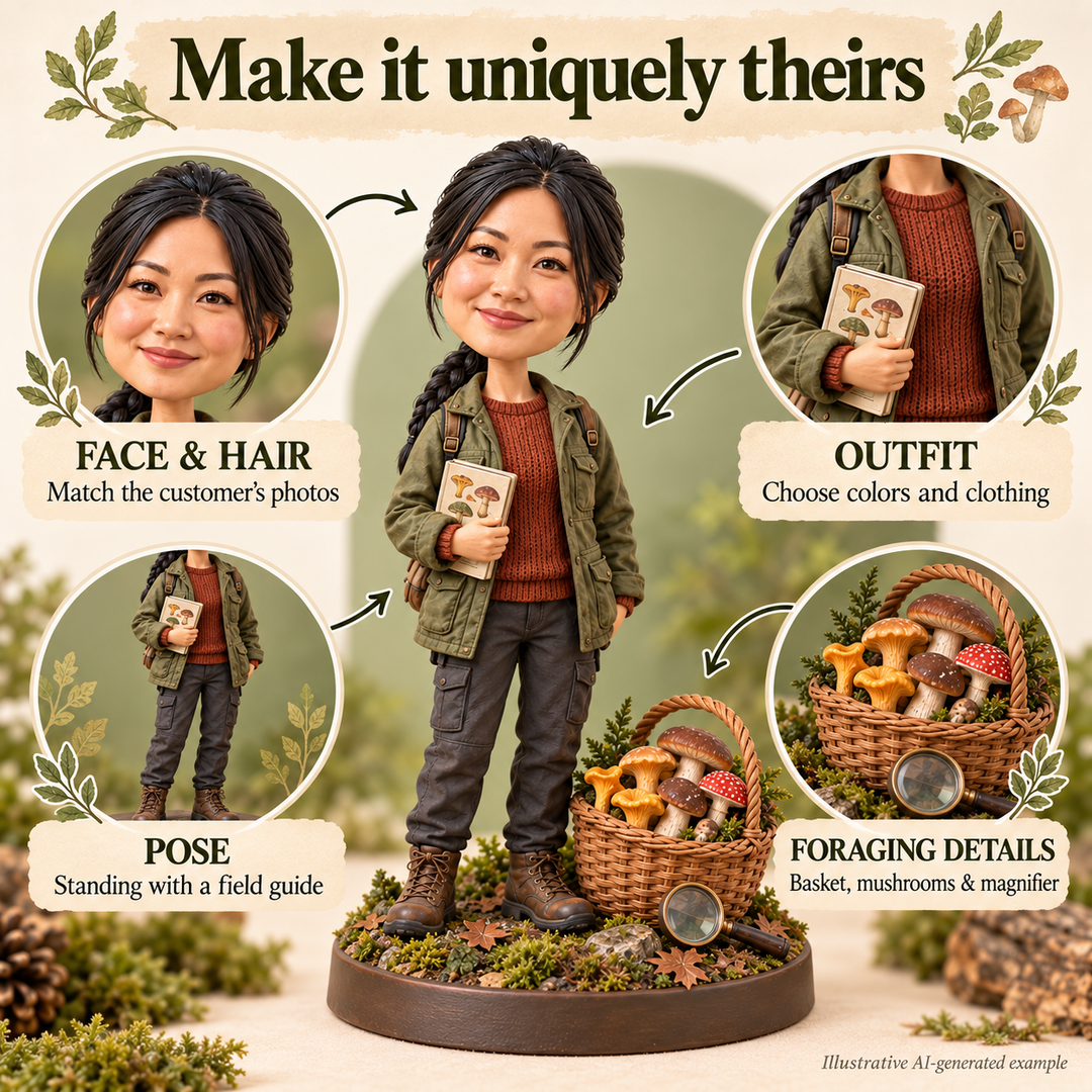 Mushroom forager bobblehead face, outfit, pose and foraging detail customization options