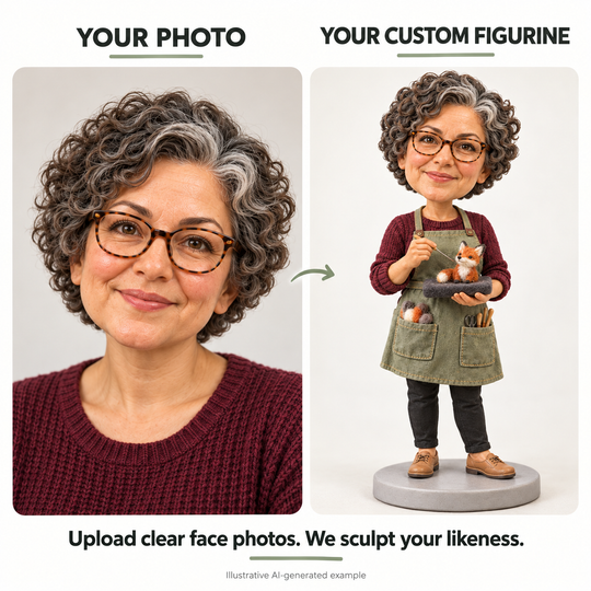 Illustrative AI-generated comparison of a fictional customer's portrait and their custom needle felting artist bobblehead.