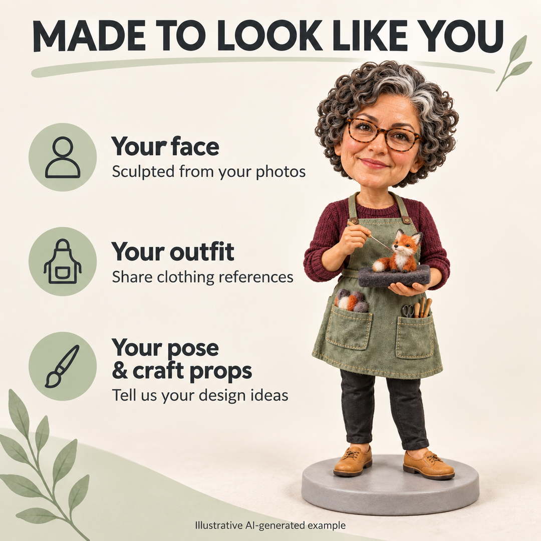 Illustrative AI-generated needle felting artist bobblehead showing customization of face, outfit, pose and craft props.