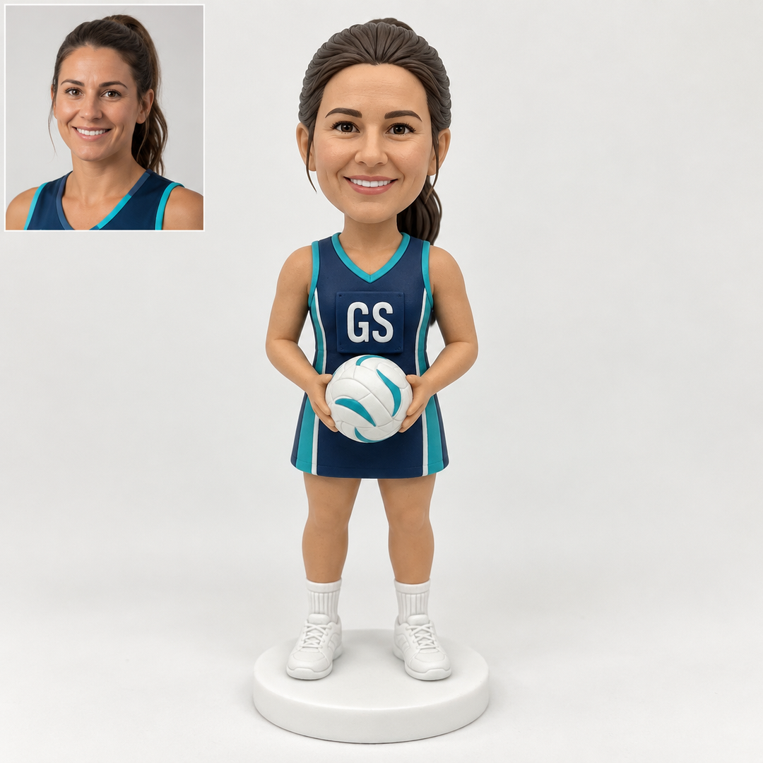 Custom netball player bobblehead with matching portrait comparison