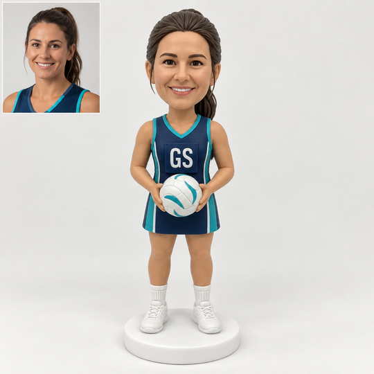 Custom netball player bobblehead with matching portrait comparison