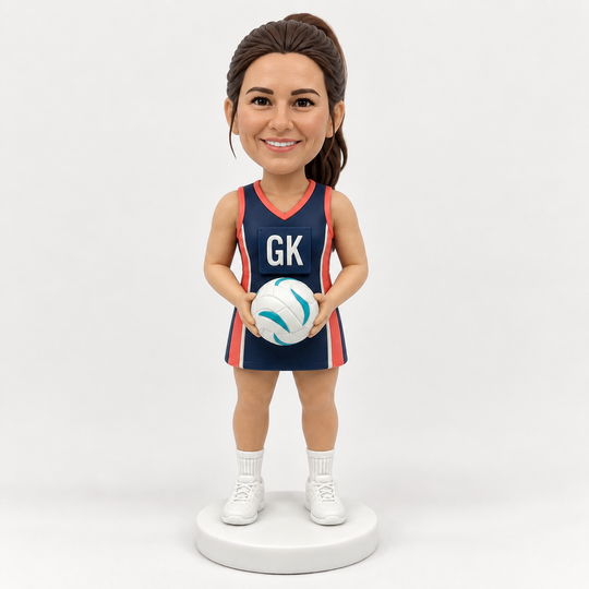 Custom netball bobblehead coral navy GK outfit