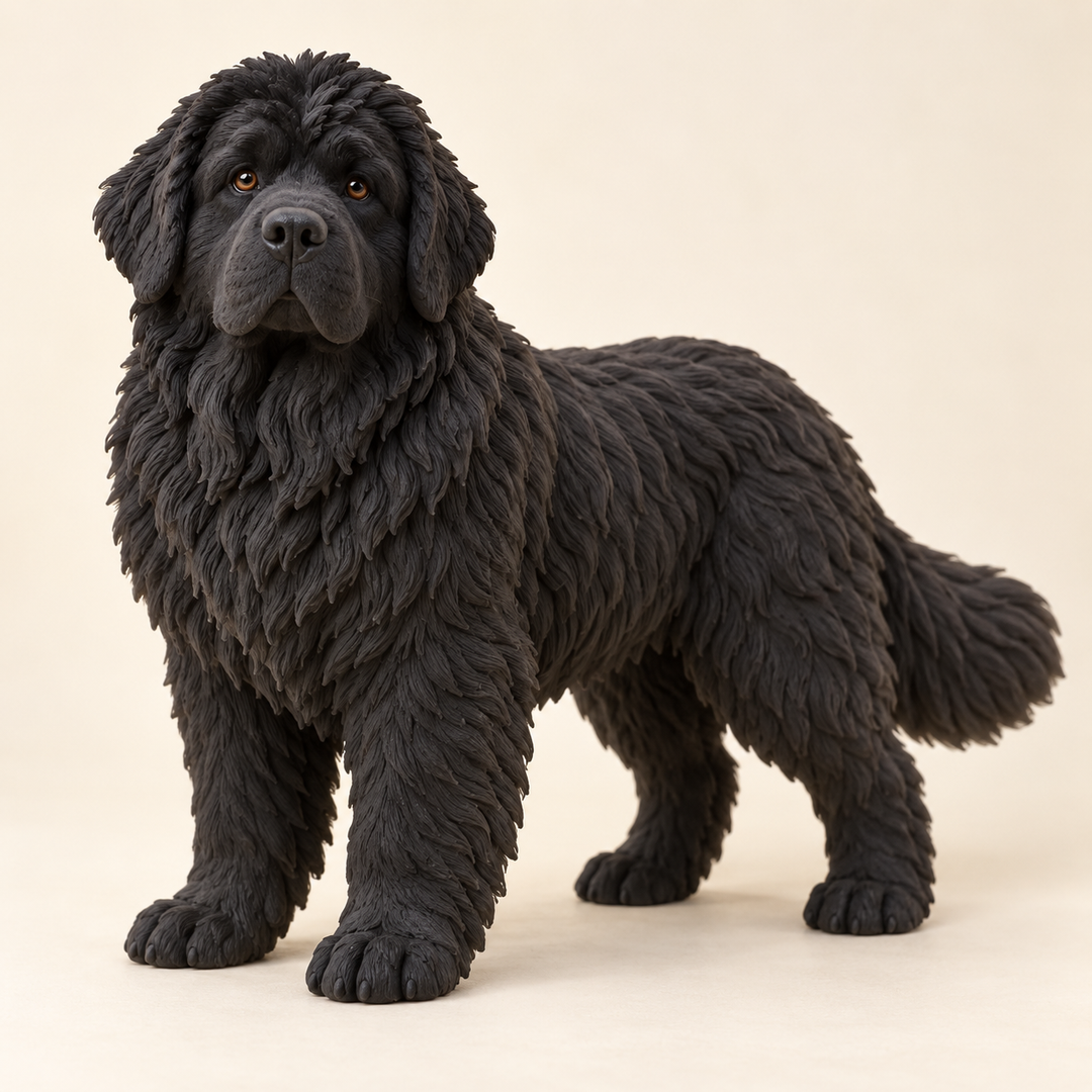 Illustrative front view of a custom Newfoundland polymer clay figurine.