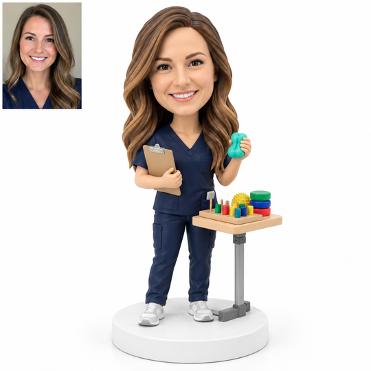 Custom occupational therapist bobblehead with matching portrait and therapy tools.