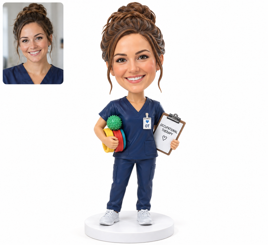 Custom occupational therapist bobblehead with matching reference portrait