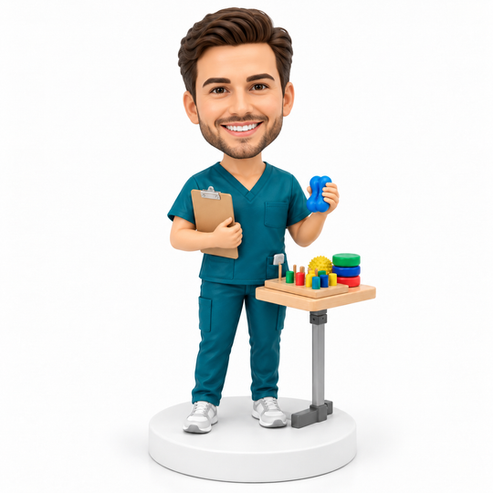 Custom occupational therapist bobblehead with hand therapy tools.