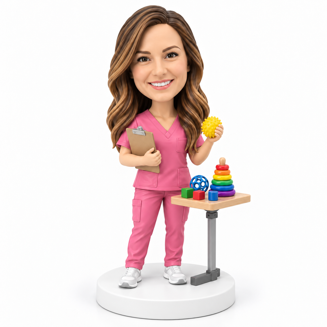 Custom pediatric occupational therapist bobblehead with sensory toys.