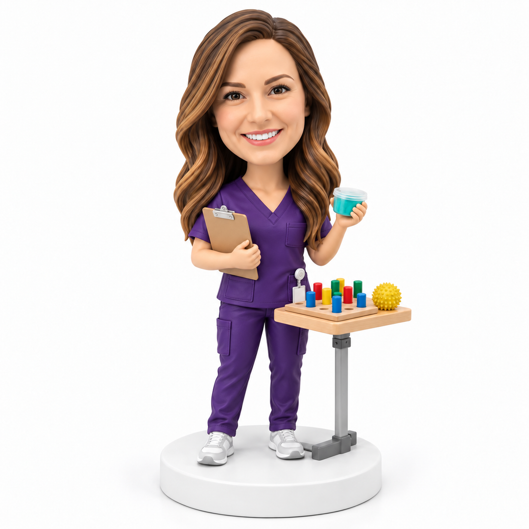 Custom occupational therapist bobblehead with therapy activities and sensory equipment.