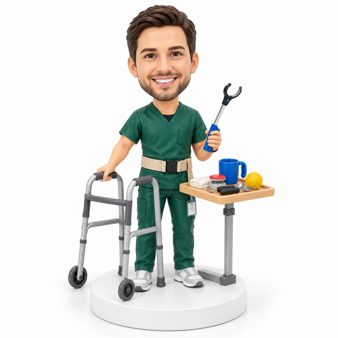 Custom occupational therapist bobblehead with mobility and daily living aids.