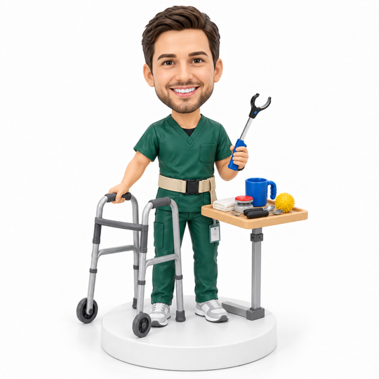 Custom occupational therapist bobblehead with mobility and daily living aids.