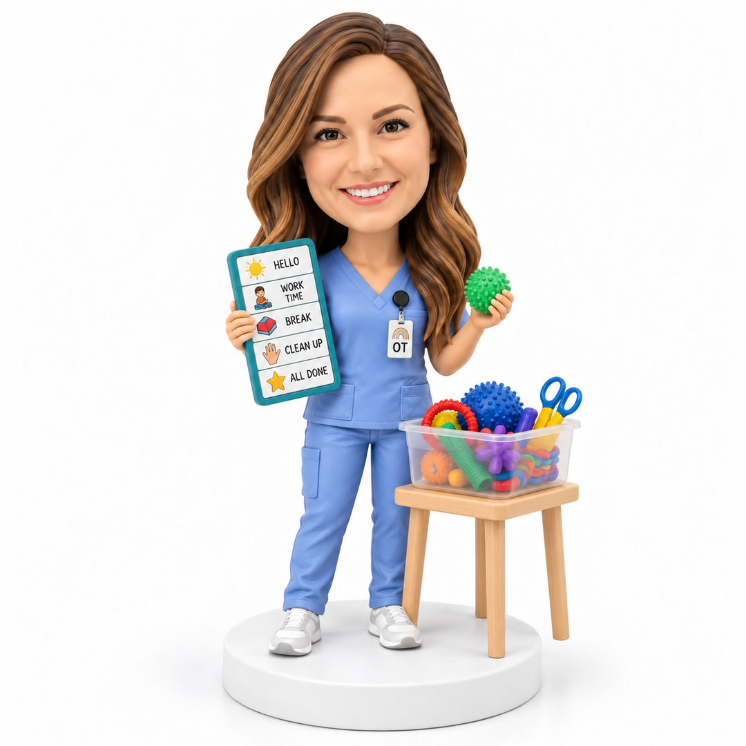 Custom occupational therapist bobblehead with sensory toolkit and visual schedule.