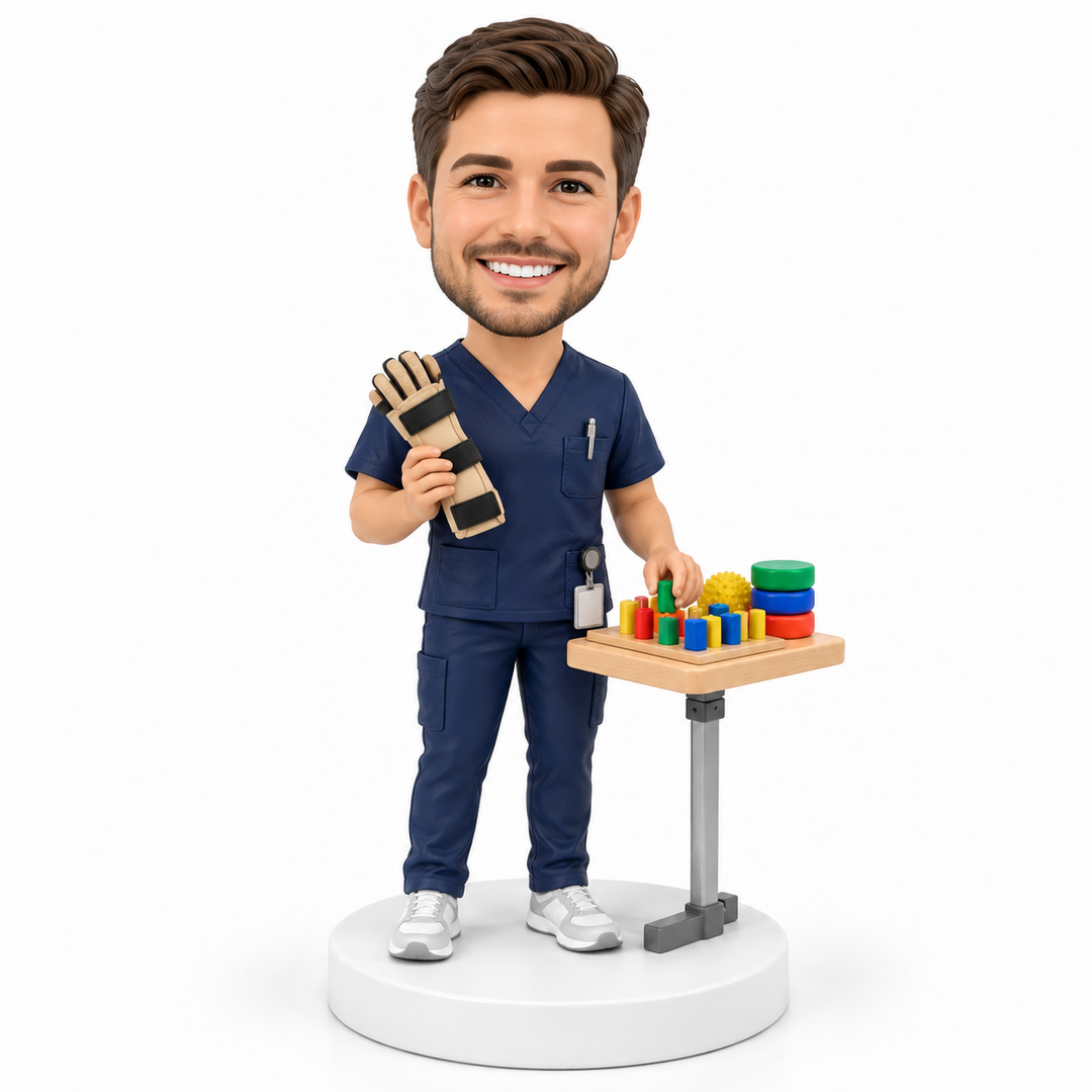 Custom occupational therapist bobblehead with hand splint and fine motor activities.