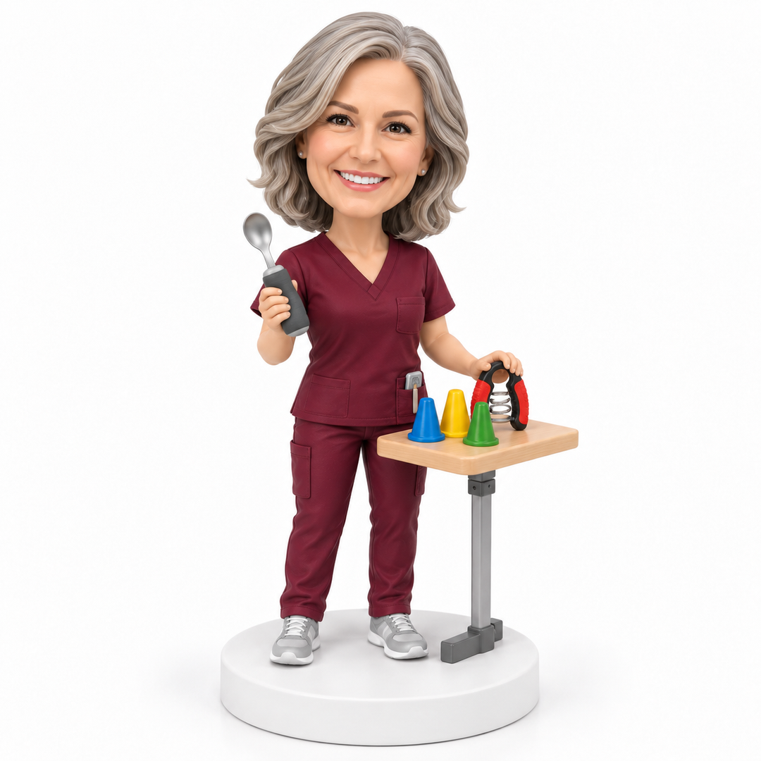 Custom occupational therapist bobblehead with adaptive dining and grip tools.