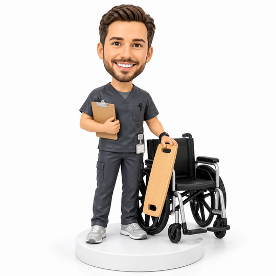 Custom occupational therapist bobblehead with wheelchair and transfer board.
