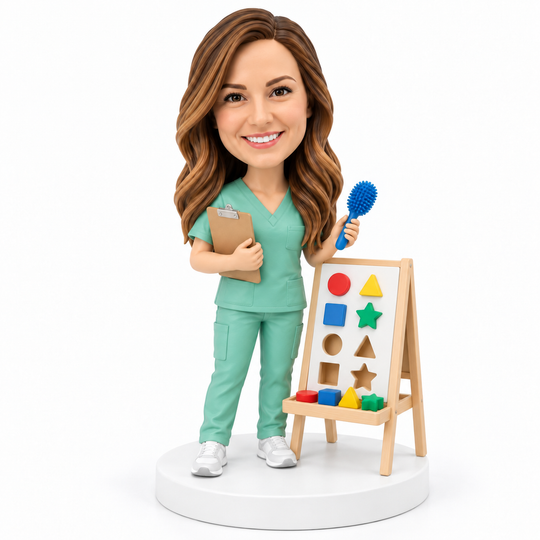 Custom occupational therapist bobblehead with sensory play and shape activities.