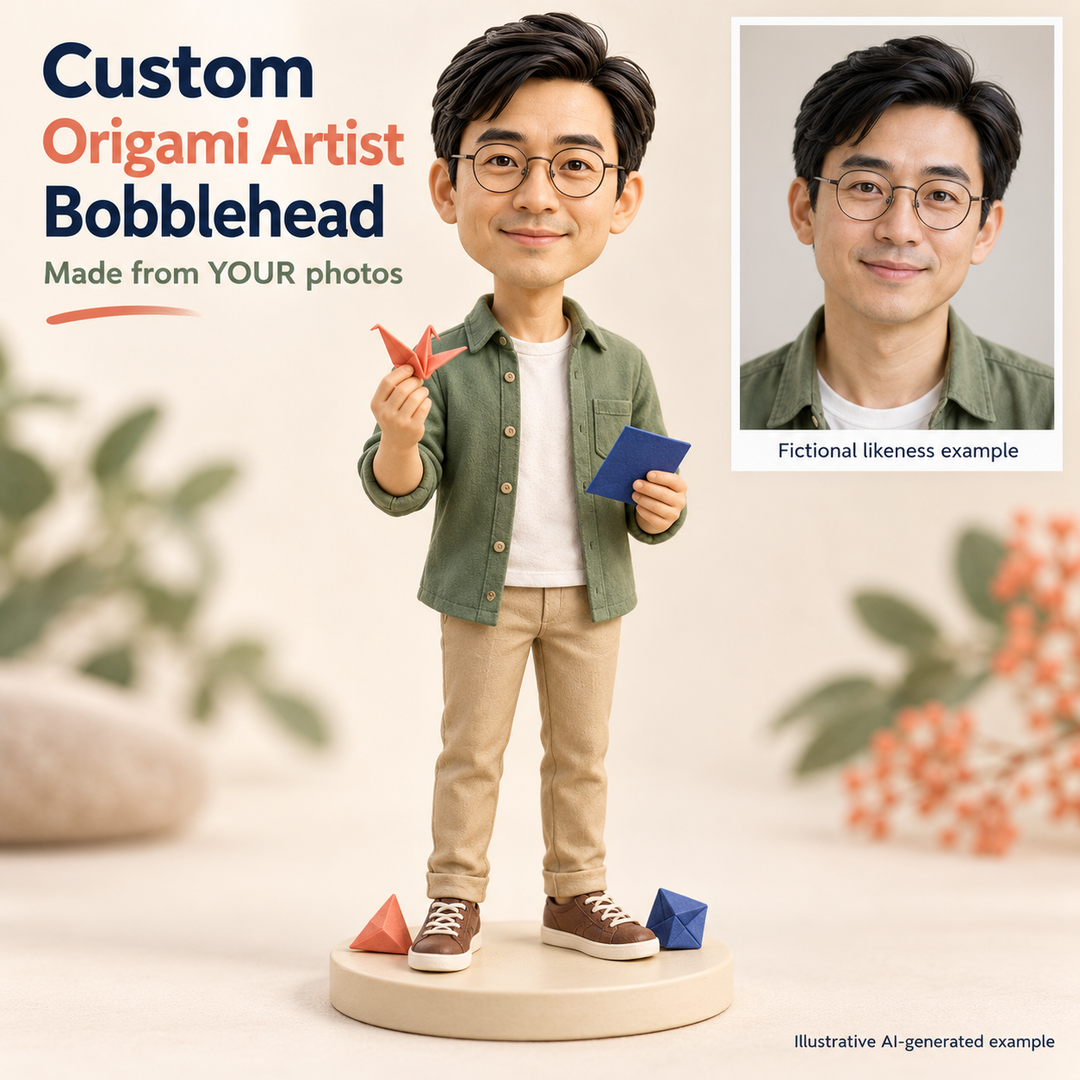 Custom origami artist bobblehead with fictional portrait showing photo likeness