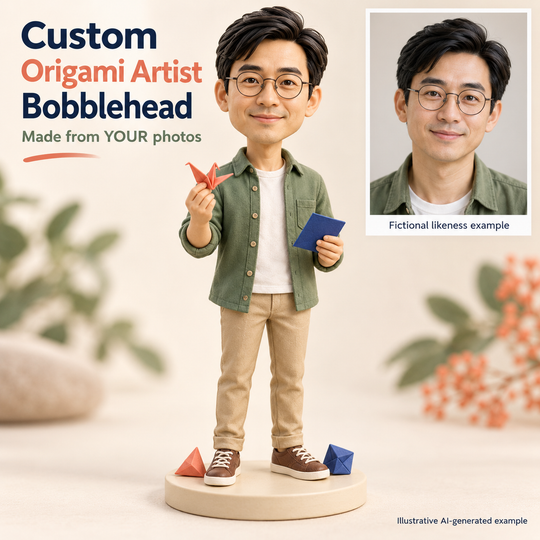 Custom origami artist bobblehead with fictional portrait showing photo likeness