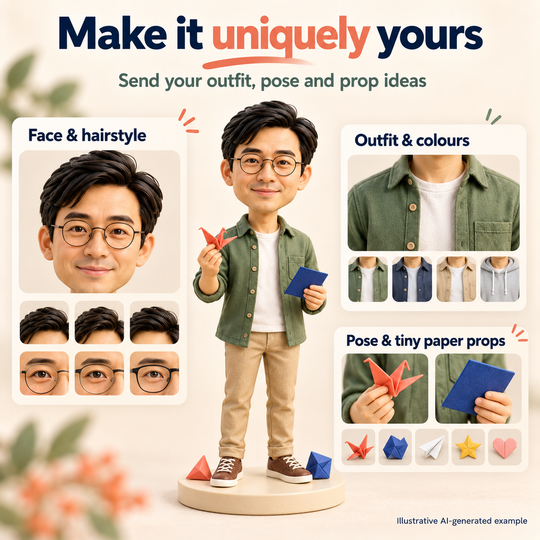 Origami artist bobblehead face outfit pose and tiny paper prop customization options