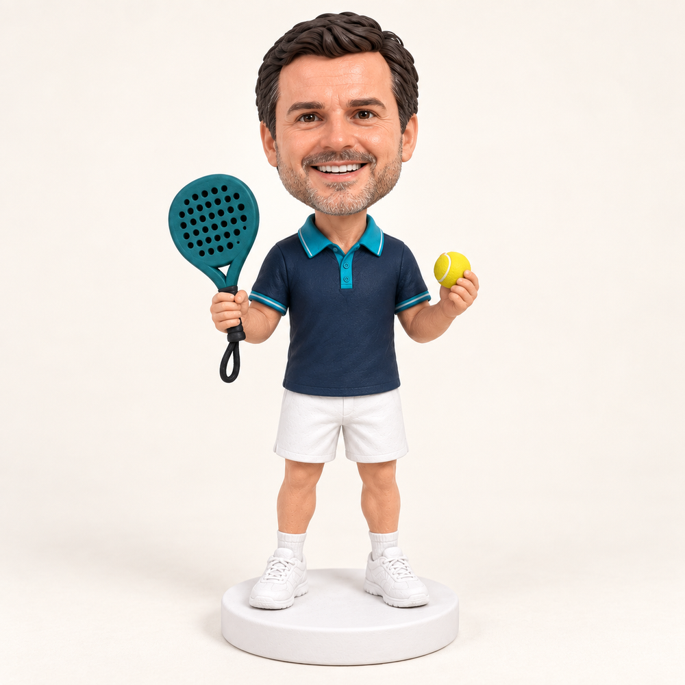 Male padel player, front view — AI-generated custom bobblehead design example