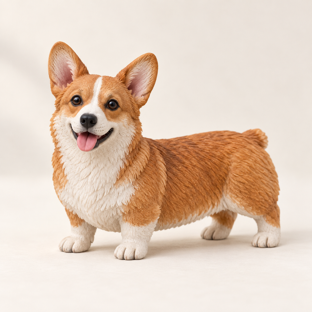 Illustrative front view of a red-and-white Pembroke Welsh Corgi polymer clay figurine.