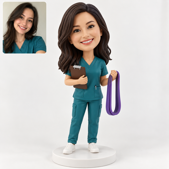 Custom physiotherapist bobblehead in teal scrubs with resistance band and matching portrait inset at top left.