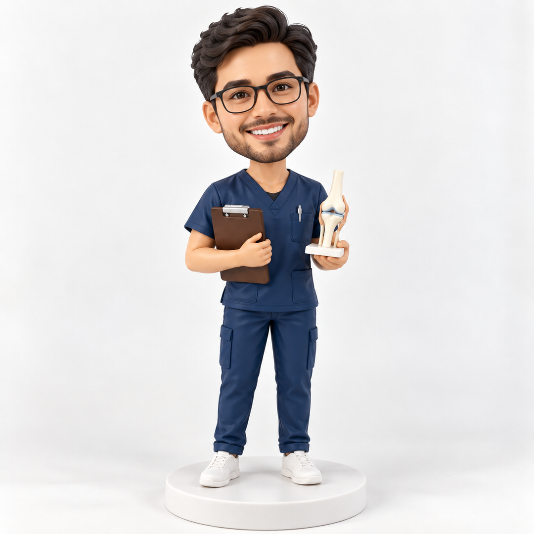 Personalised male physiotherapist bobblehead in navy scrubs holding a clipboard and miniature knee model on a plain white base.