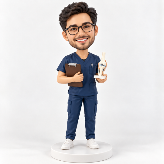 Personalised male physiotherapist bobblehead in navy scrubs holding a clipboard and miniature knee model on a plain white base.